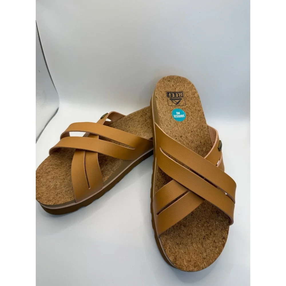 Reef Vista Hi Tan Vegan Leather Platform Sandals Cork Footbed Slides Women 9